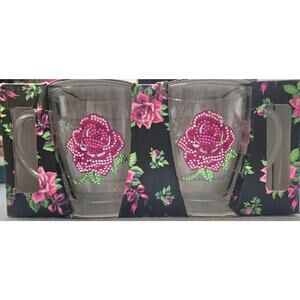 BETSEY JOHNSON Pair Glass Coffee Mugs Pink Roses Rhinestones Blingy Fancy